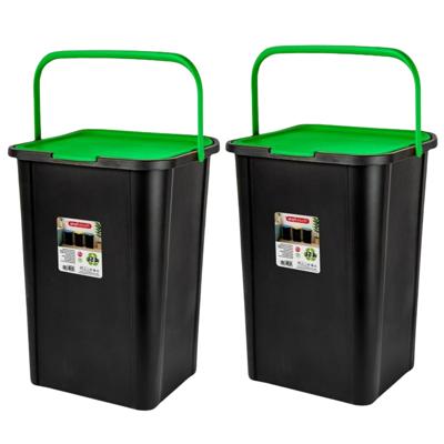 Plasticforte Recycling afvalbak - 2x - zwart/groen - 45 Liter - afsluitbaar - 34 x 40 x 54 cm