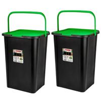 Plasticforte Recycling afvalbak - 2x - zwart/groen - 45 Liter - afsluitbaar - 34 x 40 x 54 cm