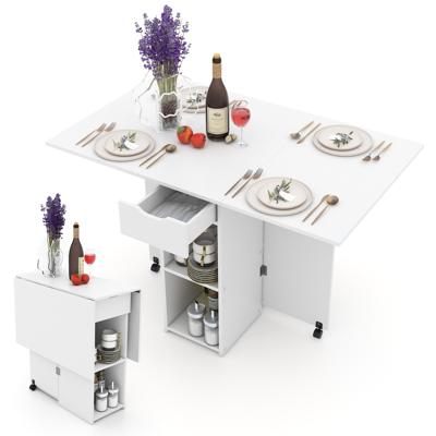 Opklapbare Bijzettafel met 2 Wielen Consoletafel met Kleppen Opklapbare Tafel met Opbergsteun en Lade met 2 Niveaus Wit/Natuurlijk