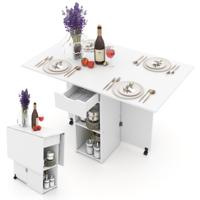 Opklapbare Bijzettafel met 2 Wielen Consoletafel met Kleppen Opklapbare Tafel met Opbergsteun en Lade met 2 Niveaus Wit/Natuurlijk
