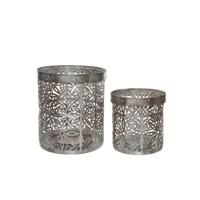 Decoris Waxinelicht houders set - 2x - metaal - grijs - bloemenpatroon - Windlichtjes - kaarsenhoude