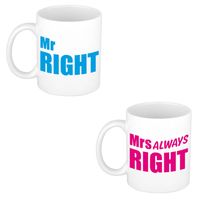 Mr right en mrs always right cadeau mok / beker wit met blauwe / roze blokletters 300 ml - feest mokken