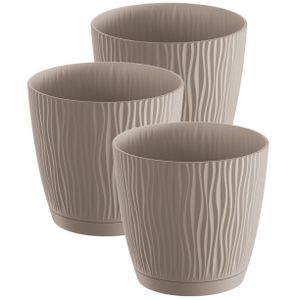 3x stuks stijlvolle kunststof plantenpot/bloempot dia 13 cm/hoogte 12 cm Waves taupe