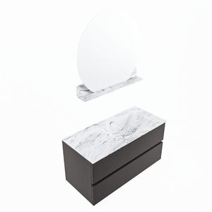 MONDIAZ VICA-DLUX 100cm badmeubel onderkast Dark grey 2 lades. Inbouw wastafel CLOUD rechts zonder kraangat, kleur Glace, en spiegel model SPOT