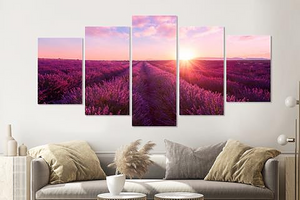 Karo-art Schilderij -Lavendelveld,   5 luik, 200x100cm, Premium print