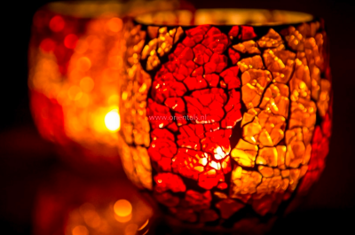oosterse waxinehouder crackled glass - bol rood-oranje in 2 maten