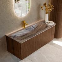 Badmeubel Mondiaz Kurve-Dlux | 125 cm | Meubelkleur Walnut | Wastafelkleur Sombra | Solid surface | Wasbak linker zijde spoelbak | 1 kraangat