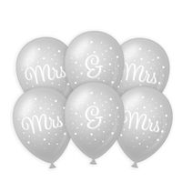 6x stuks Mrs. & Mrs. huwelijks feest ballonnen - zilver/wit - latex - ca 30 cm - thumbnail