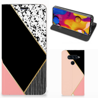 LG V40 Thinq Stand Case Zwart Roze Vormen - thumbnail