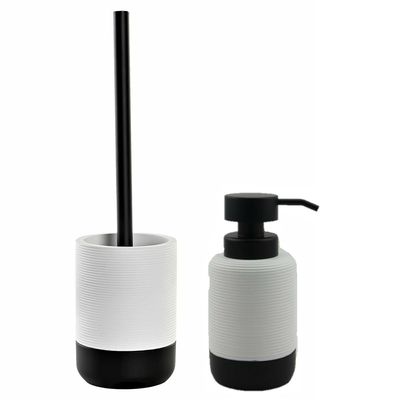 Toiletborstel met houder 38 cm en zeeppompje 300 ml keramiek wit/zwart