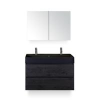 Maxx XL Badmeubelset 100 cm - Black Oak - Wastafel Kube Zwart 2 kraangaten - met Spiegelkast