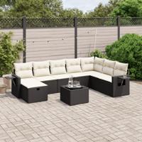9-delige Loungeset met kussens poly rattan zwart