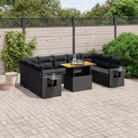 10-delige Loungeset met kussens poly rattan zwart