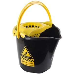 1x Huishoudemmers met dweil houder 13,5 liter zwart/geel caution 32 x 30 cm   -