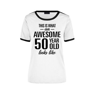 Awesome 50 year / 50 jaar wit/zwart ringer cadeau t-shirt voor dames - Sarah