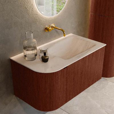 Badmeubel Mondiaz Kurve-Dlux | 85 cm | Meubelkleur Ruby | Wastafelkleur Meli | Solid surface | Wasbak rechter zijde spoelbak | Zonder kraangat(en)