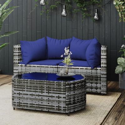 3-delige Loungeset met kussens poly rattan grijs