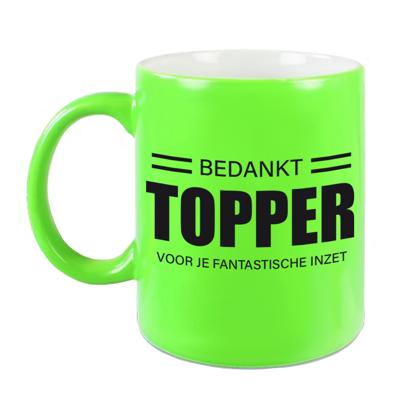Collega cadeau koffiemok - beker - Bedankt Topper - voor je fantastische inzet - neon groen