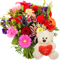 Moederdag boeket bont met hartjes en I Love you knuffelbeer