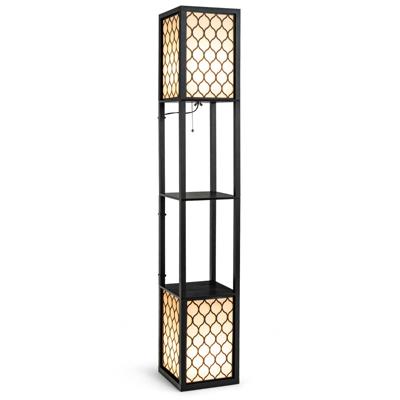Moderne Plank Staande Vloerlamp Vrijstaande Dubbele Lamp met Twee Lagen Houten Plank & Witte Lampenkap