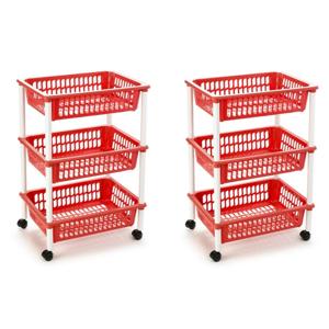 keukentrolley/badkamer - 2x stuks - op wieltjes - 3-laags - rood - kunststof - 40 x 30 x 61,5 Cm