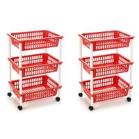 keukentrolley/badkamer - 2x stuks - op wieltjes - 3-laags - rood - kunststof - 40 x 30 x 61,5 Cm