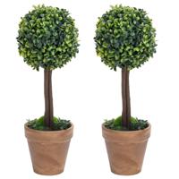 Kunstplanten met pot 2 st buxus bolvorming 33 cm groen - thumbnail