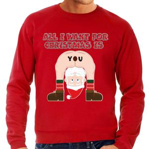 Foute Kersttrui/sweater voor heren - All I Want is - rood - blote kont - kerstman