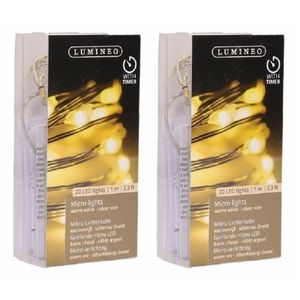 2x Timer draadverlichting zilver 20 warm witte lampjes - 95 cm