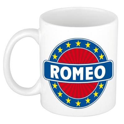 Romeo voornaam koffiemok - beker - wit/blauw - 300 ml - Cadeau - Heren - Collega - Vaderdag