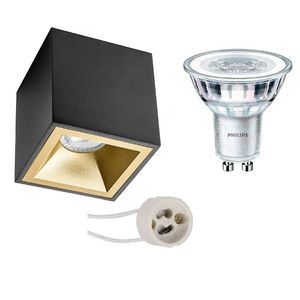 Opbouwspot Set - Pragmi Cliron Pro - GU10 Fitting - Opbouw Vierkant - Mat Zwart/Goud - Verdiept - 90mm - Philips -