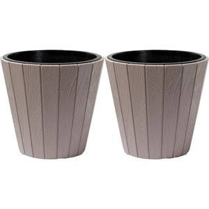 Plantenpot/bloempot Wood Style - 2x - buiten/binnen - kunststof - beige - D35 x H32 cm