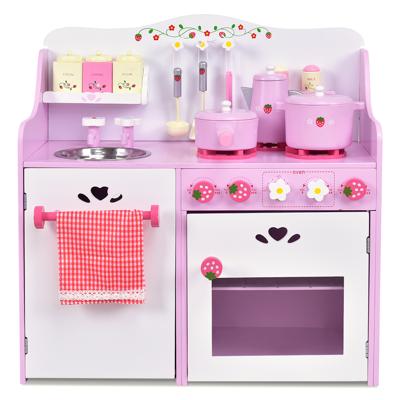 Roze Kinderkeuken met Bloemenpatroon Speelgoedkeuken met 13 Accessoires Grote Opbergruimte 60 x 29,5 x 62 CM