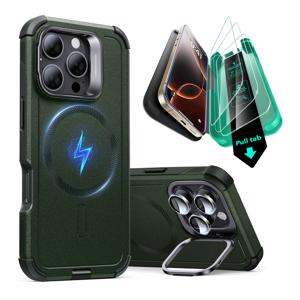 iPhone 16 Pro Cyber Tough Case with Stash Stand Protection Bundle Dark Green