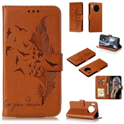 Voor Huawei mate 30 Feather patroon Litchi textuur horizontale Flip lederen draagtas met houder & portemonnee & kaartsleuven (bruin)