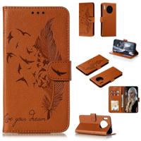 Voor Huawei mate 30 Feather patroon Litchi textuur horizontale Flip lederen draagtas met houder & portemonnee & kaartsleuven (bruin)