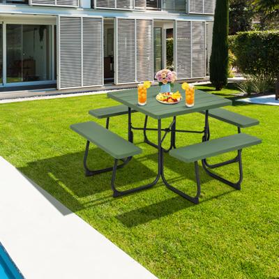 Ronde Picknicktafel met 4 Banken & Parasolgat voor 8 Personen Draagkracht van 900 kg Kampeertafel Groen