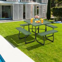 Ronde Picknicktafel met 4 Banken & Parasolgat voor 8 Personen Draagkracht van 900 kg Kampeertafel Groen