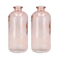 Bloemenvaas fles model - 2x - helder gekleurd glas - perzik roze - D11 x H25 cm