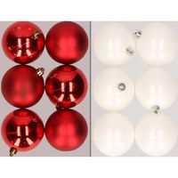 12x stuks kunststof kerstballen mix van rood en wit 8 cm