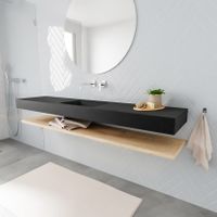 Mondiaz Alan badmeubel 200 cm planchet washed oak vrijhangend wastafel midden zonder kraangat zwart Mondiaz Alan badmeubel 200 cm planchet washed oak vrijhangend wastafel midden zonder kraangat zwart