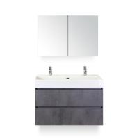 Maxx XL Badmeubelset 100 cm - Beton Antraciet - Wastafel Kube 2 kraangaten - met Spiegelkast