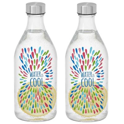 Vivalto Waterfles / drinkfles Summer - 2x - glas - transparant - met RVS dop - 1000 ml