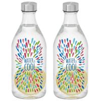 Vivalto Waterfles / drinkfles Summer - 2x - glas - transparant - met RVS dop - 1000 ml