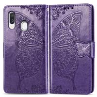 Butterfly Love bloemen reliëf horizontale Flip lederen case voor Galaxy A40 met houder & kaartsleuven & portemonnee & Lanyard (donker paars)