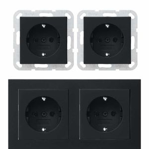 Dubbel stopcontact zwart E2 met dubbel afdekraam inbouw