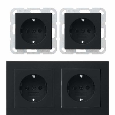 Dubbel stopcontact zwart E2 met dubbel afdekraam inbouw