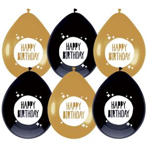 Ballonnen Happy Birthday Zwart/Goud - 6 Stuks