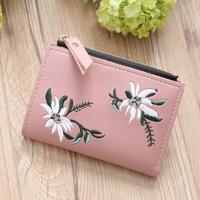 Borduurwerk korte portemonnee PU lederen portefeuilles vrouwelijke Floral HASP Coin Purse rits zak kaarthouders (lichtroze)