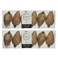 Kersthangers dennenappels - 12x st - toffee bruin - glitter - 8 cm - kunststof - kerstversiering